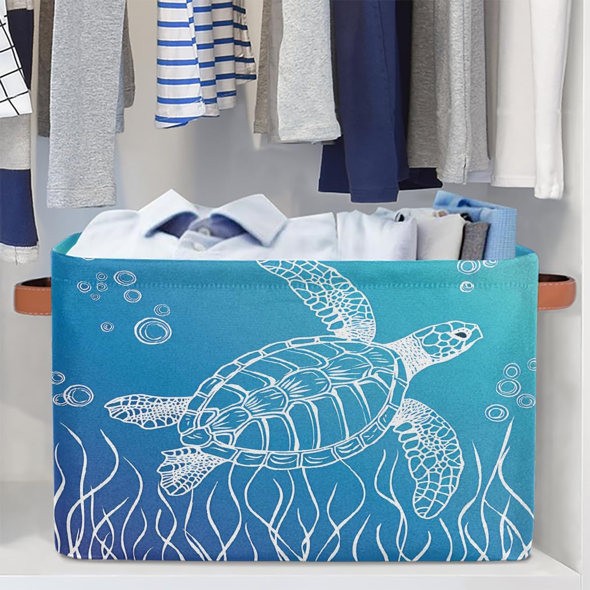 Ocean Turtle Storage Basket for Shelves, Storage Bins with Handles, Collapsible Basket for Organizing, Closet Toy Baskets for Nursery Room, 15x11x9.5 in, Canvas, Sea Tortoise