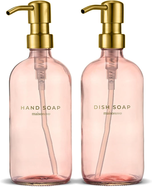 MaisoNovo Soap Dispenser 2-Piece Set | 16.9oz Pink Bottles with Gold Stainless Steel Pumps