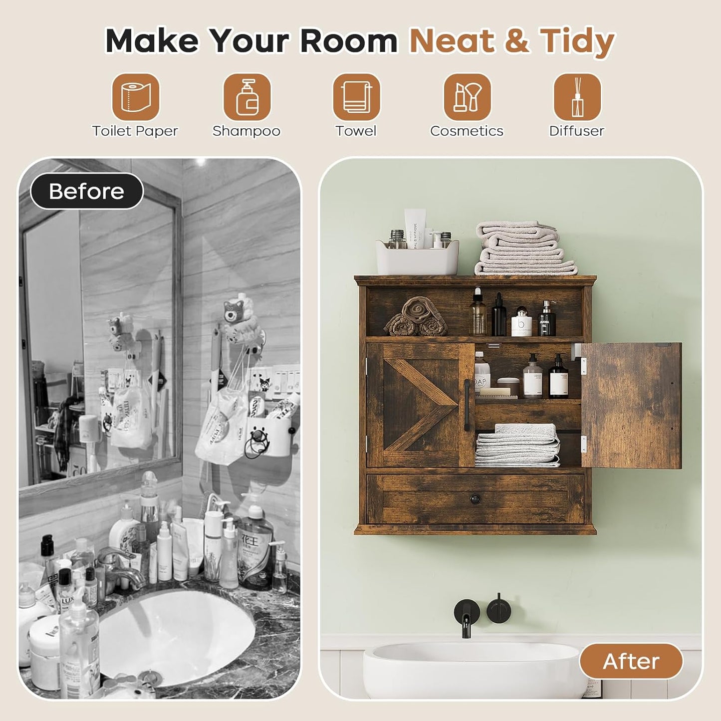 Bathroom Wall Cabinet, Wall Mounted Medicine Cabinet with Drawer, Barn Door & Adjustable Shelf, 24.4"H x 23.6"W x 9"D Rustic Brown Over Toilet Farmhouse Storage Cabinet for Kitchen, Laundry, Entryway