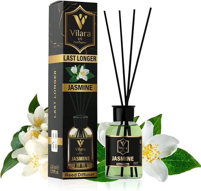 Jasmine Reed Diffuser Set - Luxury Reed Diffusers for Home, Bathroom, Bedroom, Powder Room - Long-Lasting, Natural Flower Scent Sticks - Decorative Home Fragrance Bottle - 3.72 fl oz