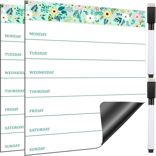 Outus 2 Pieces Magnetic Weekly Dry Erase Boards Erasable Weekly Calendars Whiteboard Planners with 2 Pieces Markers for Office, Home, School Supplies (Flower Style)
