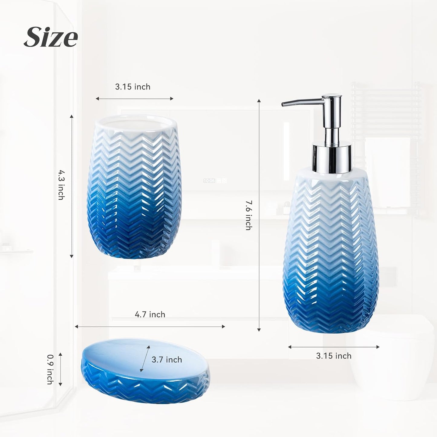 Bathroom Accessory Set,Blue Bathroom Decor,Blue Soap Dispenser, Soap Dish and Tumbler,Wavy Bathroom Accessories Complete Set