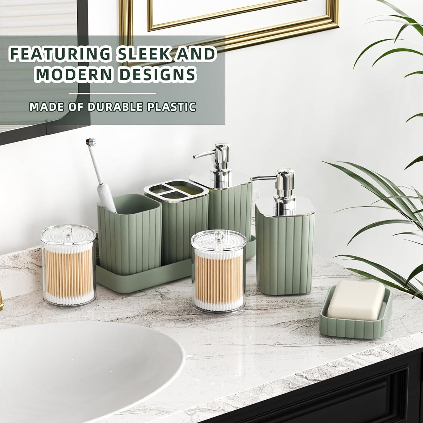 Bathroom Accessories Set - Gorgeous Sage Green Bathroom Set, 10PC Bathroom Accessory Set, Toilet Brush, Trash Can, Qtip Holder Dispenser & Soap Dispenser