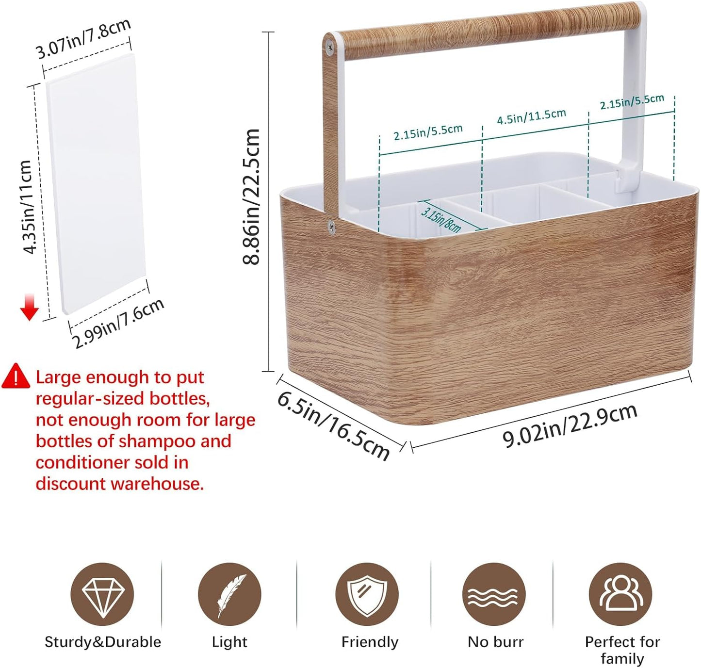 Shower Caddy Portable for College: Devided Bathroom Caddy Shower Basket for Dorm with Handle, Plastic Bathroom Counter Organizer Storage Tote Bin for Dorm,Kitchen,Cabinet, Wood Grain