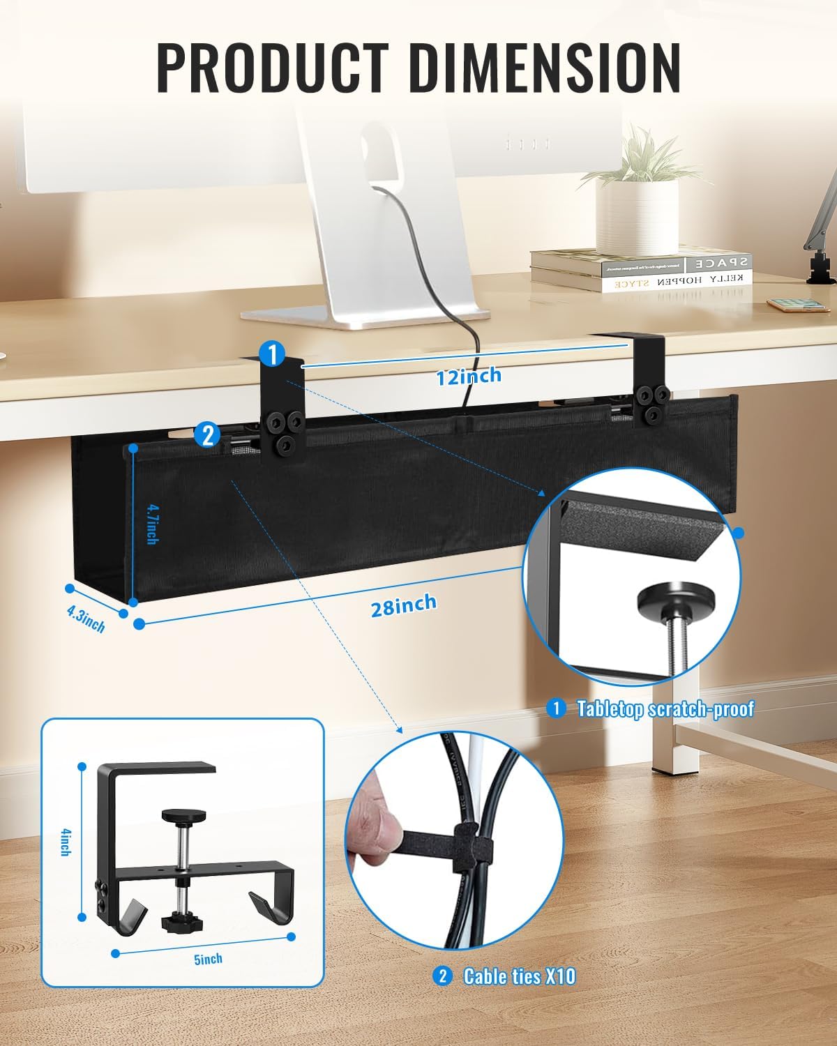 No Drill Cable Management Under Desk, 28" Cord Organizer for Table, Clamp/Screw Mount Cable Tray, Premium Black Fabric Desk Cord Management Tray for Office, Home (Regular (28 in))