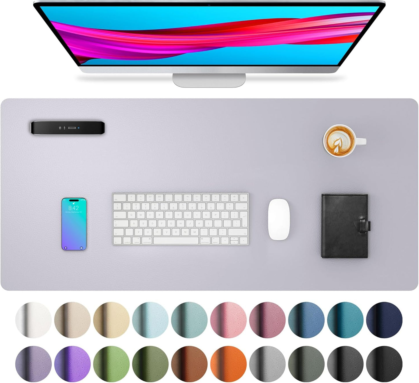 Aothia Large PU Leather Desk Pad Protector - Non-Slip Mouse Pad & Writing Mat for Office/Home, Waterproof, Easy to Clean (23.6" x 13.7", Smoky Lavender)