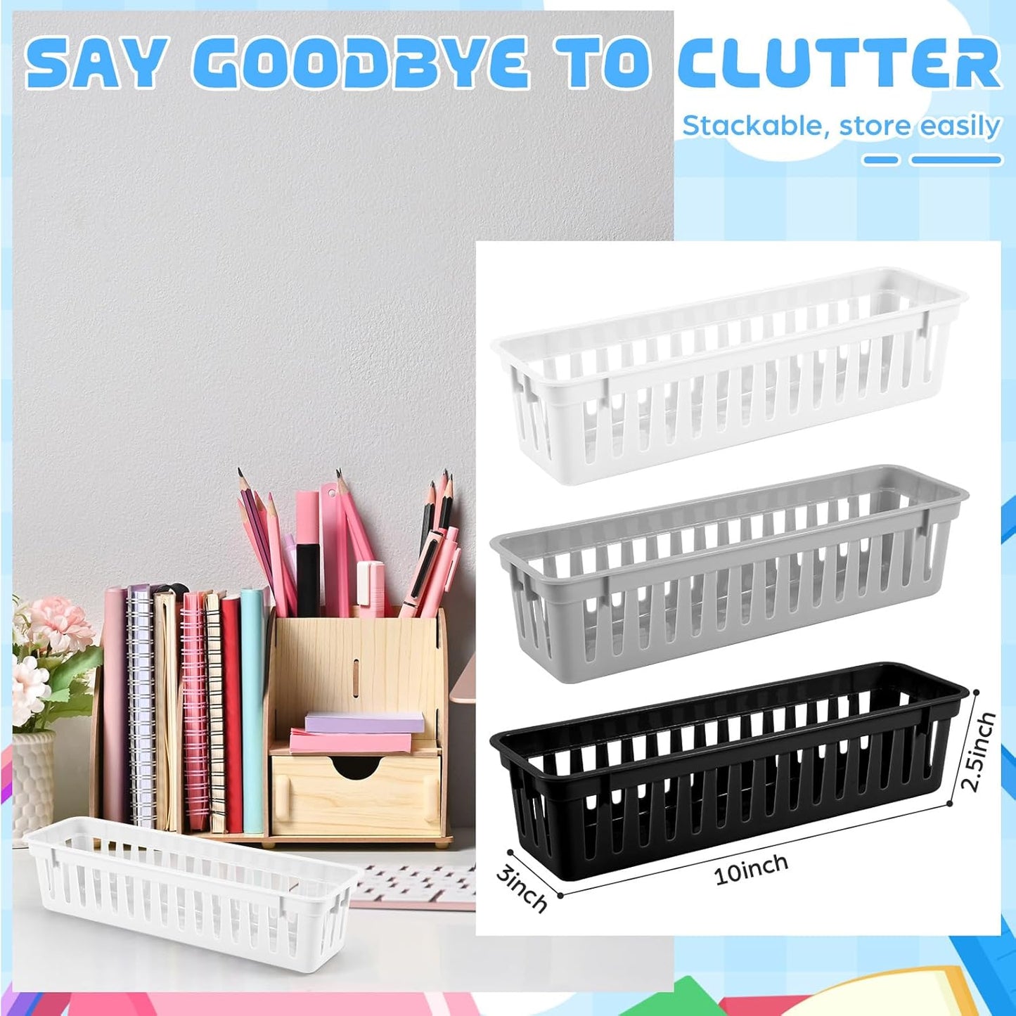 6 Pcs Black,White,Gray Slim Plastic Storage Baskets Tray 10 x 3 x 2.5 Inch Compact Stackable Desk Organizer for Office, Classroom, School Supplies, and Home Storage, Organization(Black,White,Gray)