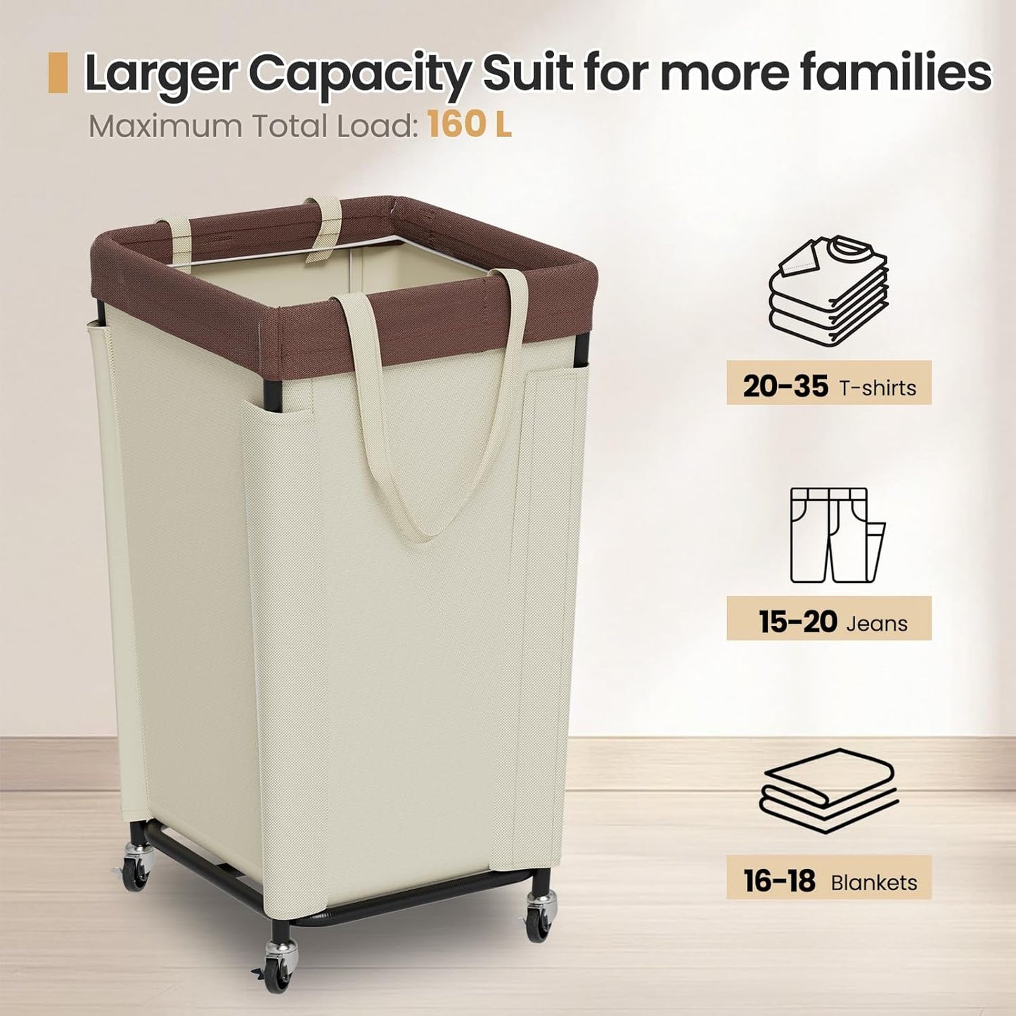 Laundry Basket with Wheels, Laundry Hamper with Removable Bag and Steel Frame, 160L Rolling Dirty Clothes Basket for Bedroom, Bathroom, Laundry Room (White-Brown)