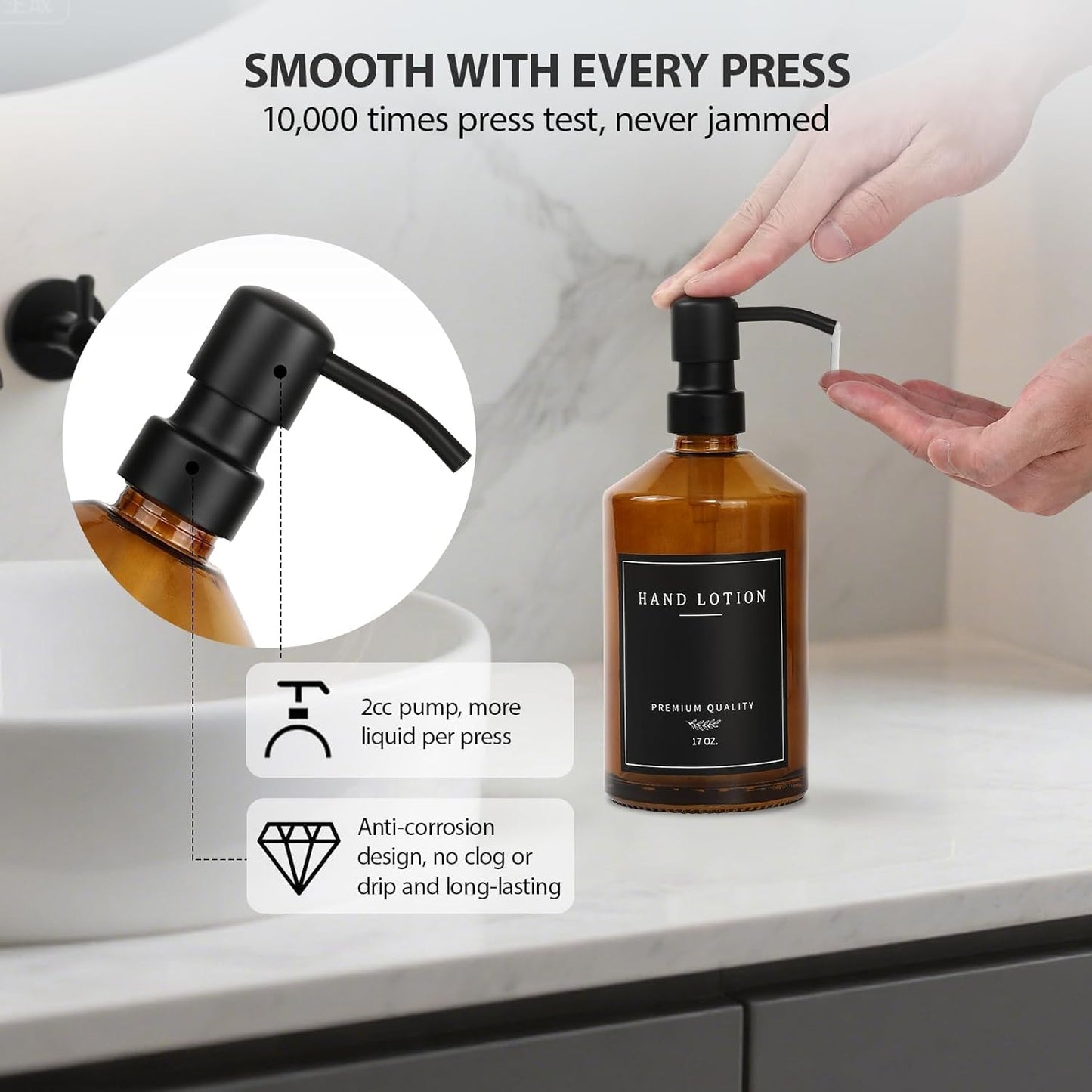 Amber Glass Soap Dispenser, Bathroom Hand Soap Dispensers with Stainless Pump, 17 Oz Kitchen Hand and Dish Soap Dispenser Set, Modern Liquid Soap Lotion Dispenser (Amber Bottle/Black Pump)