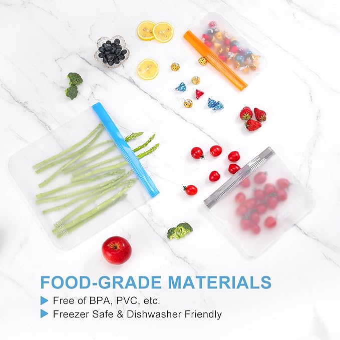 Lerine 24 Pack Dishwasher Safe Reusable Bags Silicone, Extra Thick Leakproof Reusable Freezer Bags, BPA Free Food Storage Bags for Lunch Meat Veggies (6 Gallon 9 Snack 9 Sandwich Bags)