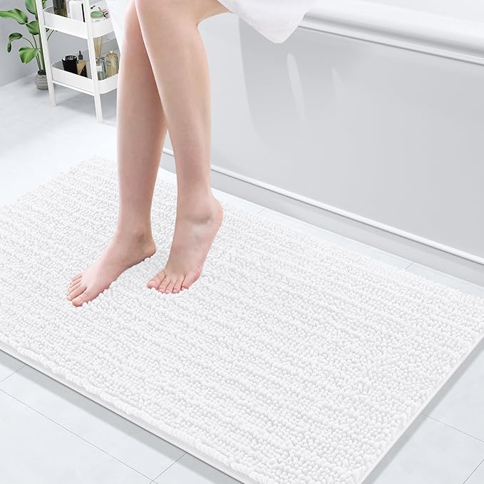 Arotive Luxury Chenille Bathroom Rug Mat, Extra Soft Thick Absorbent Shaggy Bath Rugs, Non-Slip Machine Wash Dry, Plush Bath Mats for Bathroom, Shower and Tub, 47x24, White