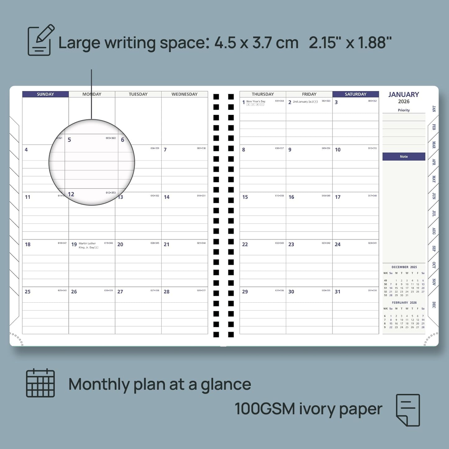 POPRUN 2026 Weekly Planner 30-Mintue (Medium 7'' x 8.5'') - From Jan 2026 to Dec 2026 - Two Pages Per Week Appointment Book with Monthly Tabs, Softcover, Inner Pocket, Pen Holder - Dark Green