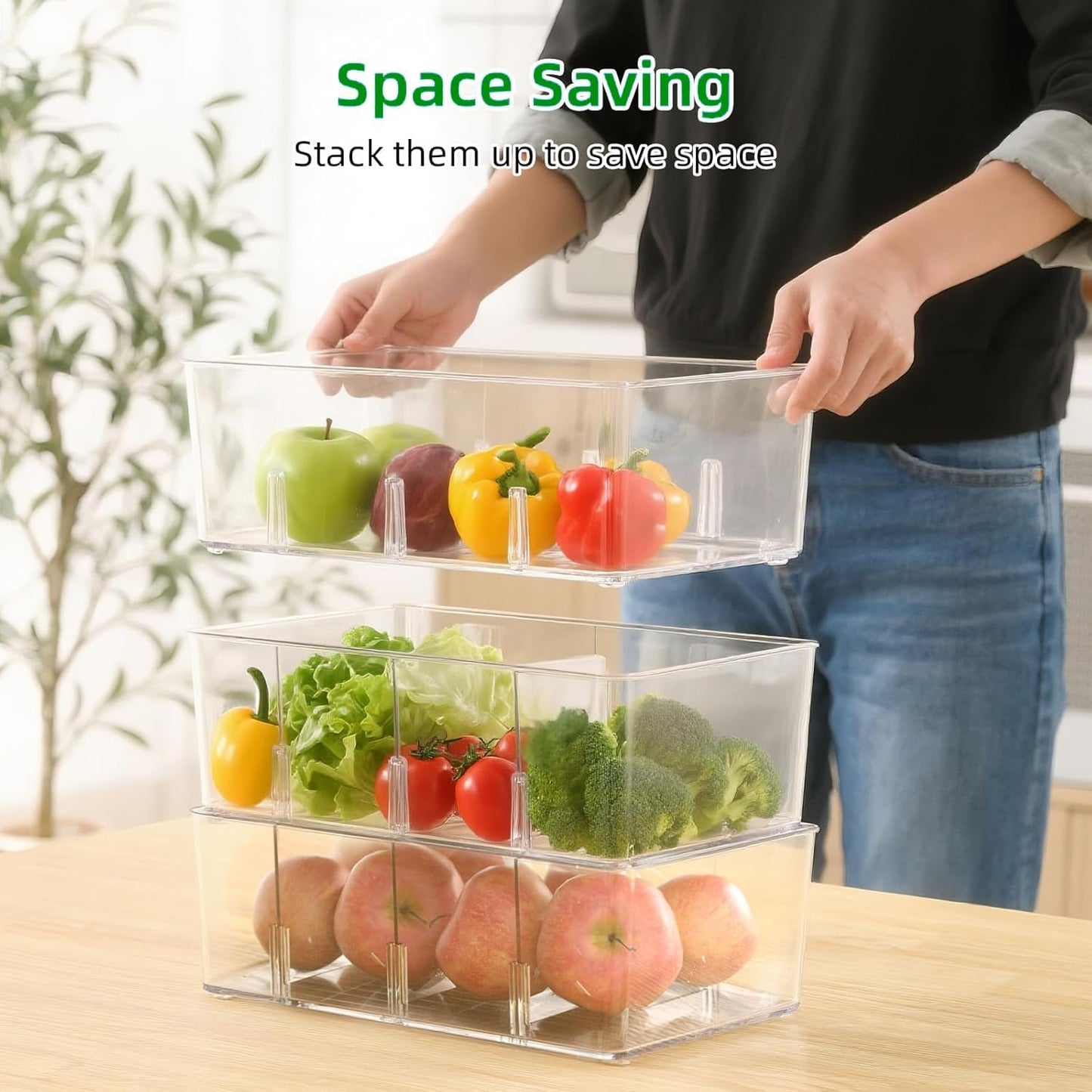 Pantry Organizers and Storage,Kitchen Organizers and Storage for Fridge,Drawer and Refrigerator - Spice Organization for Cabinet,Clear Plastic Stackable Organizer Bins with 3 Dividers (7 Pcs)