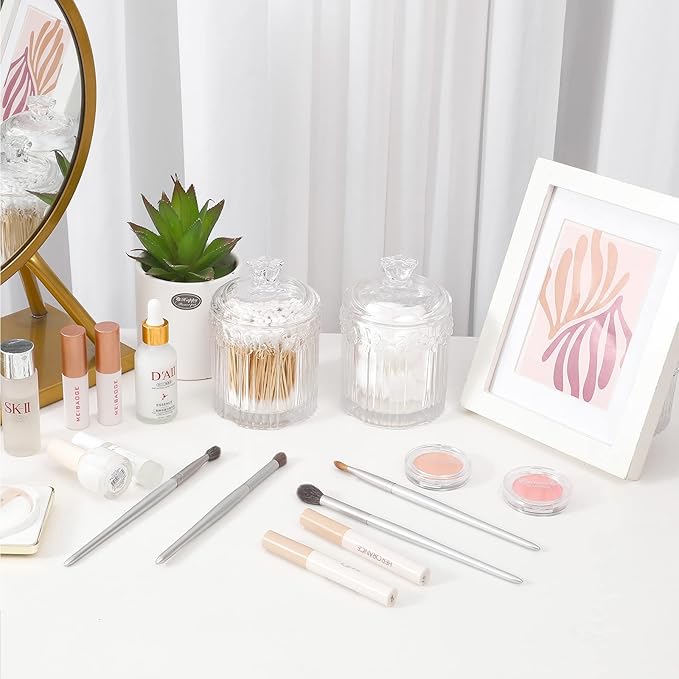 2 Pack Qtip Holder Glass Apothecary Jars with Lids Bathroom Accessories Vanity Organizers and Makeup Storage Canister for Cotton Swabs, Balls, Pads, Floss Picks, Candy, Clear