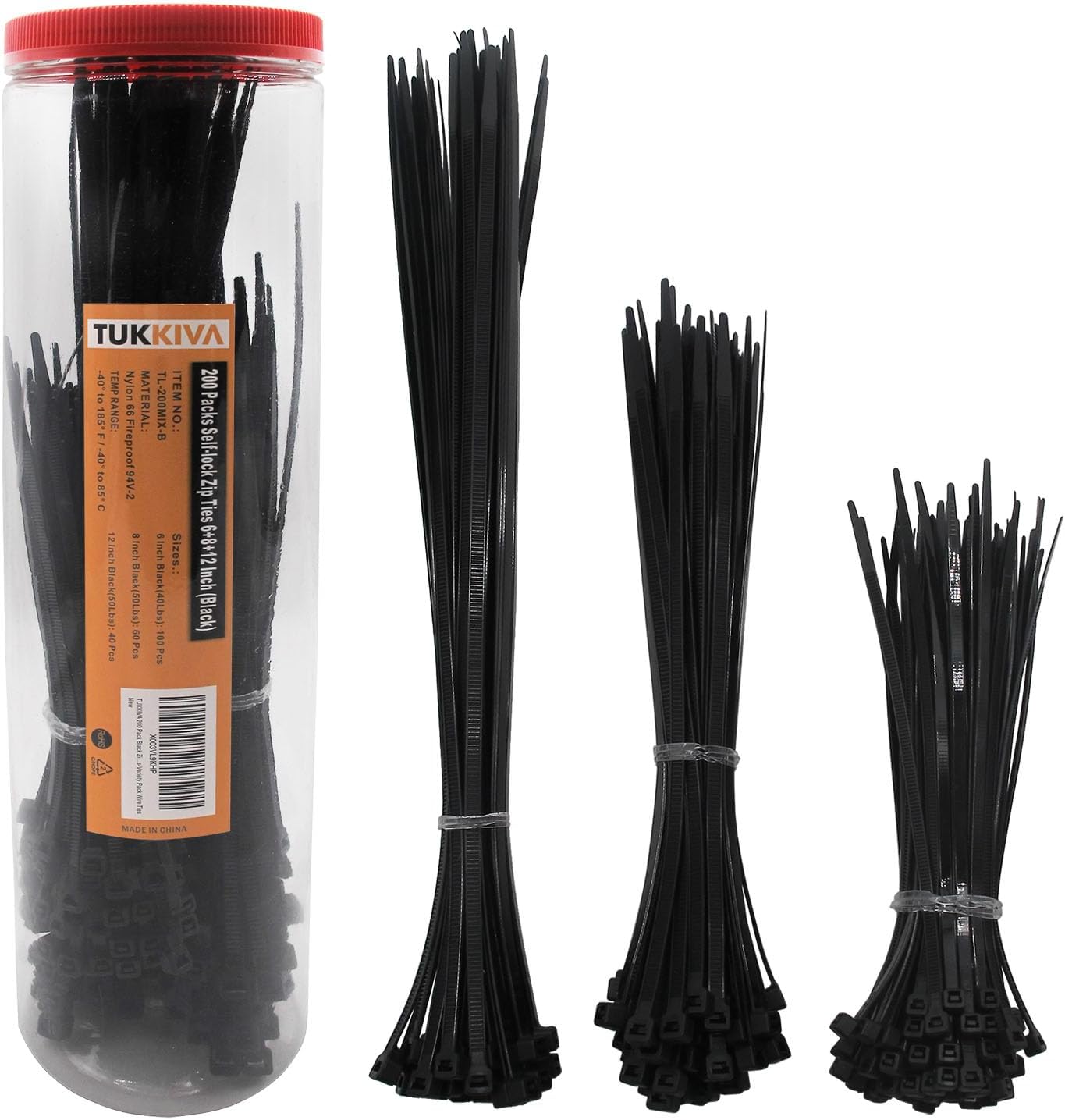 200 Pack Black Zip Ties Assorted Sizes 6+8+12 Inch Heavy Duty Cable Ties - Variety Pack Wire Ties