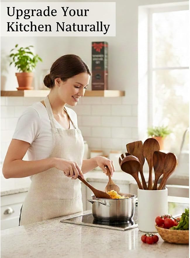 100% Natural Teak Wood Wooden Utensil Set – 8 Pcs Durable Kitchen Spoons for Cooking – Non-Stick & Heat Resistant, Eco-Friendly & Comfortable Grip