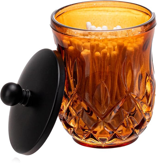 Qtip Holder,10 Oz Amber Glass Apothecary Jars with Matte Black Lids for Bathroom Organization & Desk Storage,Thick Glass Apothecary Jars for Q-Tips,Cotton Rounds, Jewelry,Candy,Round
