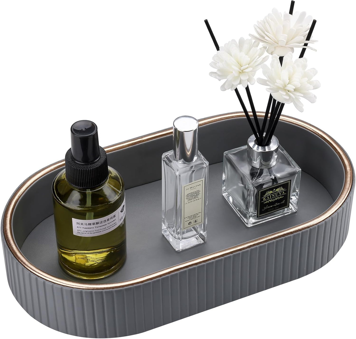 GORESE PU Leather Valet Tray Perfume Organizer, Oval Jewelry Trays Nightstand Organizer Key Bowl Trinket Dish for Dresser Bedside, Vanity Tray for Bathroom, EDC Trays for Men Women, 11×5.9 in, Gray
