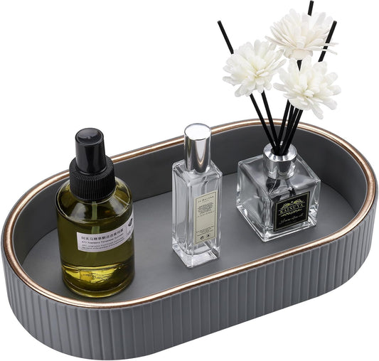 GORESE PU Leather Valet Tray Perfume Organizer, Oval Jewelry Trays Nightstand Organizer Key Bowl Trinket Dish for Dresser Bedside, Vanity Tray for Bathroom, EDC Trays for Men Women, 11×5.9 in, Gray