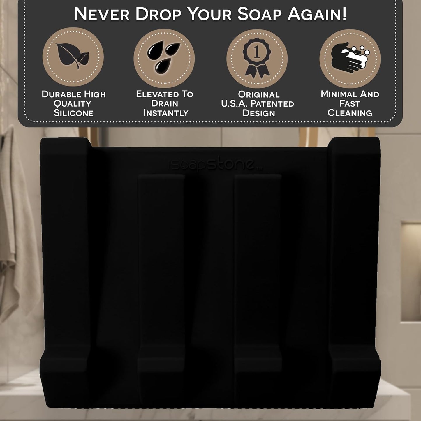 Silicone Soap Dish (USA Patented) Self Draining Bar Soap Holder for Shower Bathroom Sink, Drying Soap Dish Tray Sponge Holder Easy Cleaning Soap Saver Travel Accessories (Black, 1)