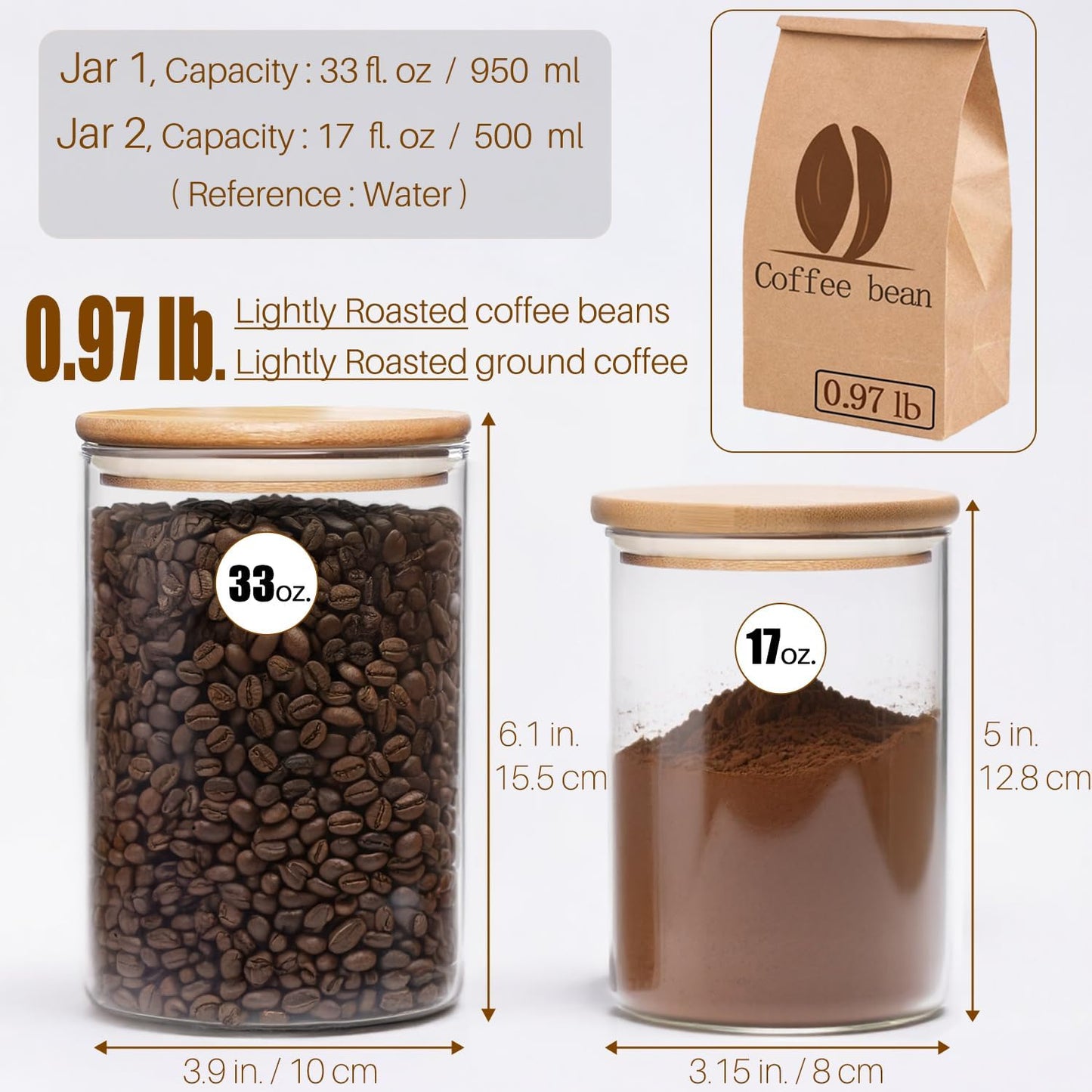 33+17 oz Glass Food Storage Jars with Airtight Lids, Clear Glass Jar with Bamboo Lid, Airtight Food Canister for Tea, Candy, Coffee, Sugar, Cookie, Snack. (Round | 5+6 Inch)