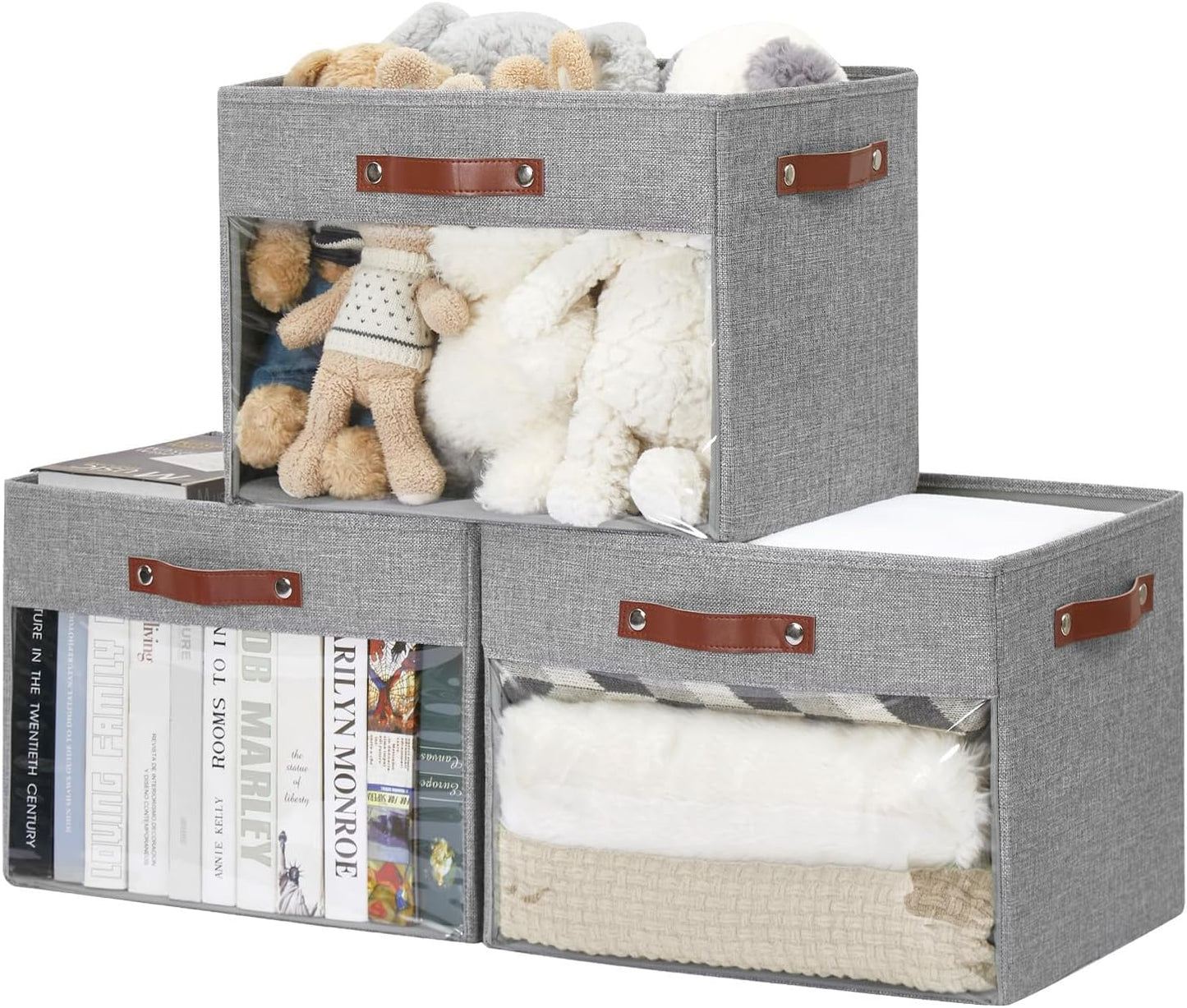 Extra Large Storage Baskets with Clear Window, See Through Closet Organizer with PU Handles, Linen Foldable Storage Bins for Organizing Clothes, Toys, Books (Gray)