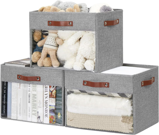 Extra Large Storage Baskets with Clear Window, See Through Closet Organizer with PU Handles, Linen Foldable Storage Bins for Organizing Clothes, Toys, Books (Gray)