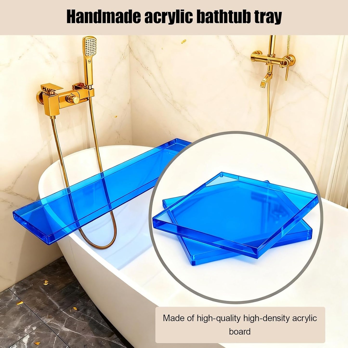 Bathtub Tray Table, Clear Acrylic, Anti-Slip Bath Caddy, (Blue, L32.3″ x W7.87″ x H1.18″)