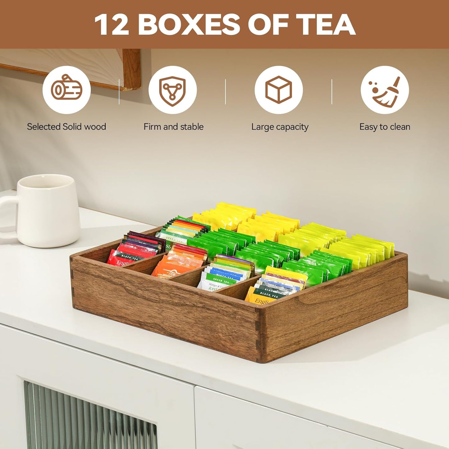 KIRIGEN Wood Tea Organizer 12 Compartments Tea Bag Holder Wooden Tea Bag Storage Box for Home and Office CYH12-DBR
