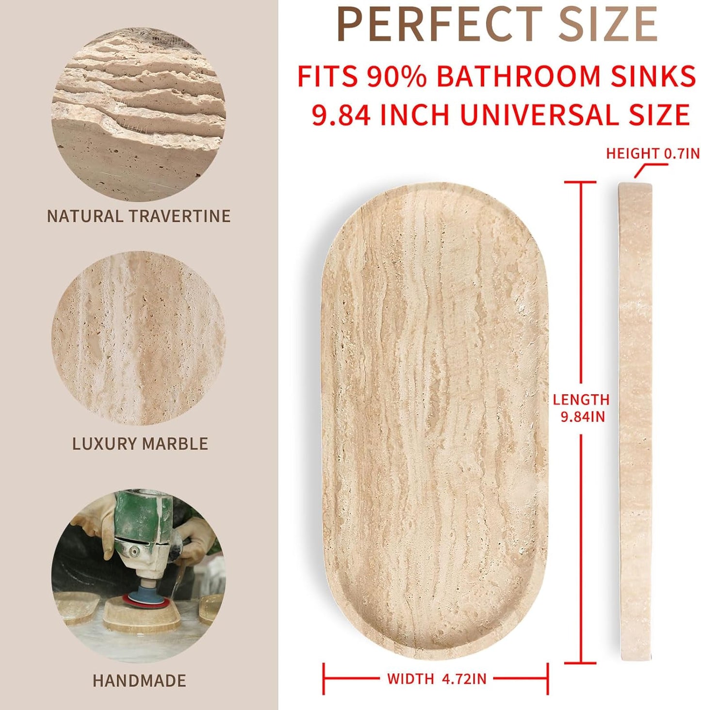 Marble Vanity Tray for Bathroom Counter, 10"x5" Travertine Decorative Tray for Perfume, Candles, Stone Jewelry Dish Tray (Travertine Beige, 9.8X4.7)