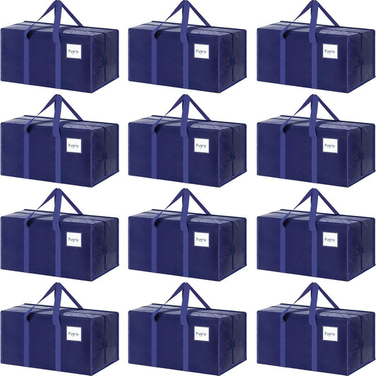 12 Pack Extra Heavy Duty Large Moving Bags with Strong Zipper & Comfortable Handles, Sturdy & Durable Clothes Storage Bags Totes Bins, Packing Moving Boxes for College Supplies, Dark Blue