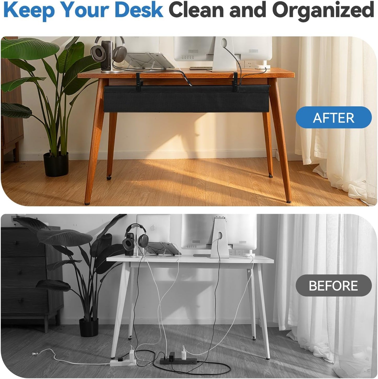 SHUWEI No Drill Under Desk Cable Management Tray, 36" Premium Fabric Cord Organizer for Desk, Clamp/Screw Mount Cable Organizer for Office and Home (Black, 36" L)