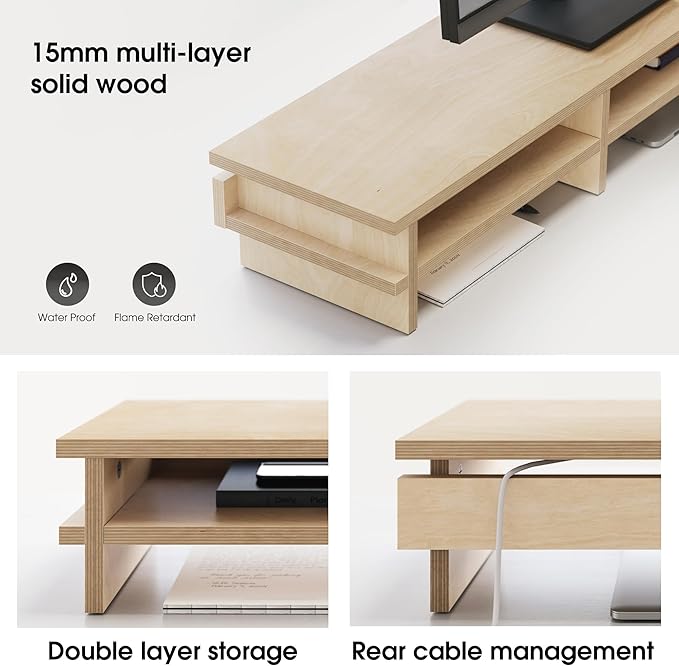 Fenge Dual Monitor Stand, 39.4in Wood Monitor Riser for 2 Monitors, 2 Tiers Desk Shelf with Cable Mangement for Top of Desk, Computer Stand for Laptop, PC, Printer