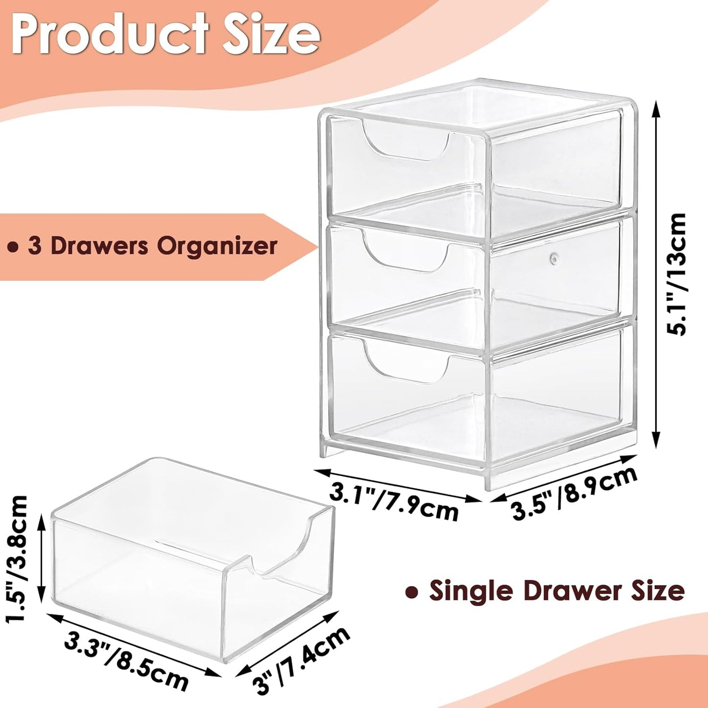 BTSKY 2 Pack Small Acrylic Storage Organizer with Drawers, 3-Layer Clear Desktop Organizer for Office Supplies Mini Storage Box with Drawers for Desk, Desktop Makeup Drawer Jewelry Storage Box