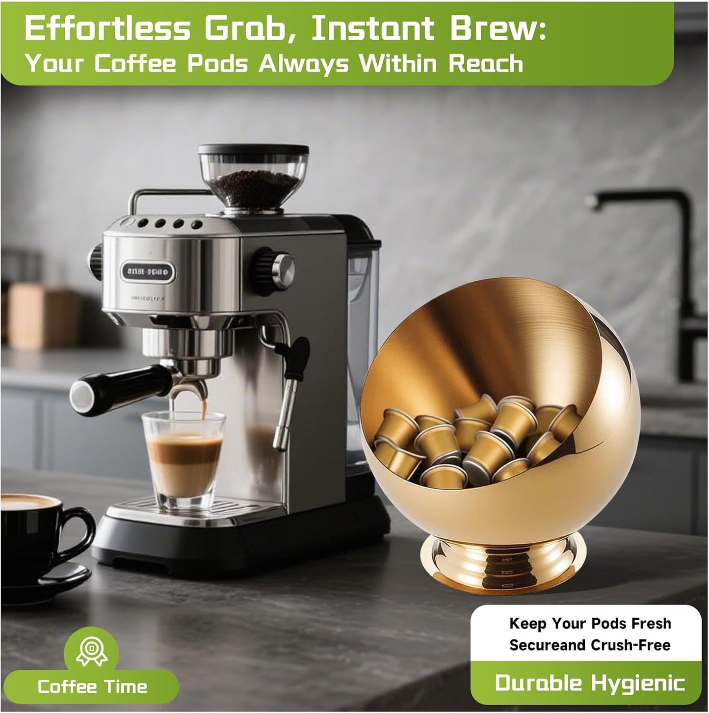 Large Capacity Coffee Pod Holder – Stainless Steel Pod Organizer and Holder | Stylish Coffee Bar Accessories & Countertop Storage (Gold with Base, L)