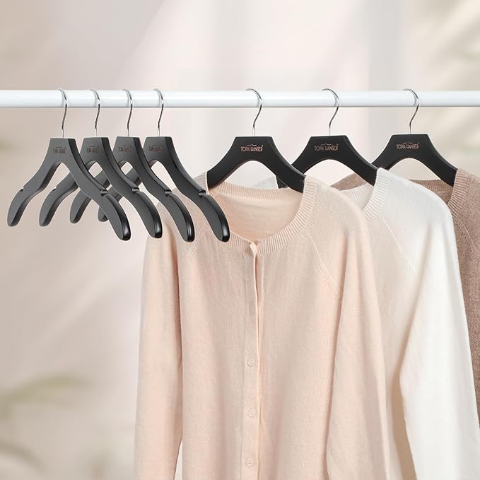 TOPIA HANGER Wooden Coat Hangers 24 Pack, Premium Wood Suit Sweater No Shoulder Bump Hangers, 360° Swivel Hook and Cut Notches Clothes Hangers for Sweater, Hoodie, Shirts, Jackets, Dress, Black CT85B
