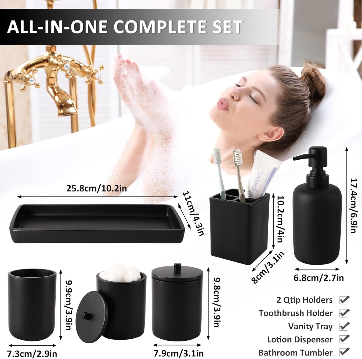 Resin 6 Pcs Black Bathroom Set Complete with Toothbrush Holder, Lotion Soap Dispenser, 2 Qtip Holder Dispensers,Vanity Tray,Bathroom Tumbler - Countertop Vanity Organizer - Bathroom Accessories Set