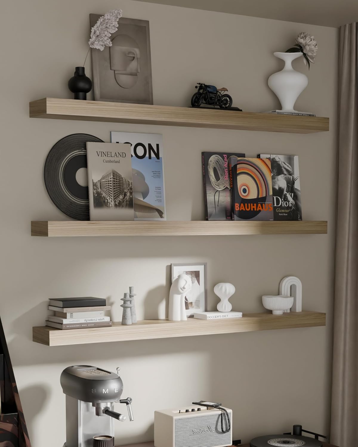 Floating Shelves - 48 Inch Long Premium Solid Wood Wall Shelves, Set of 3, Rustic Brown Modern Wall Mounted Shelves for Living Room, Bedroom, and Kitchen