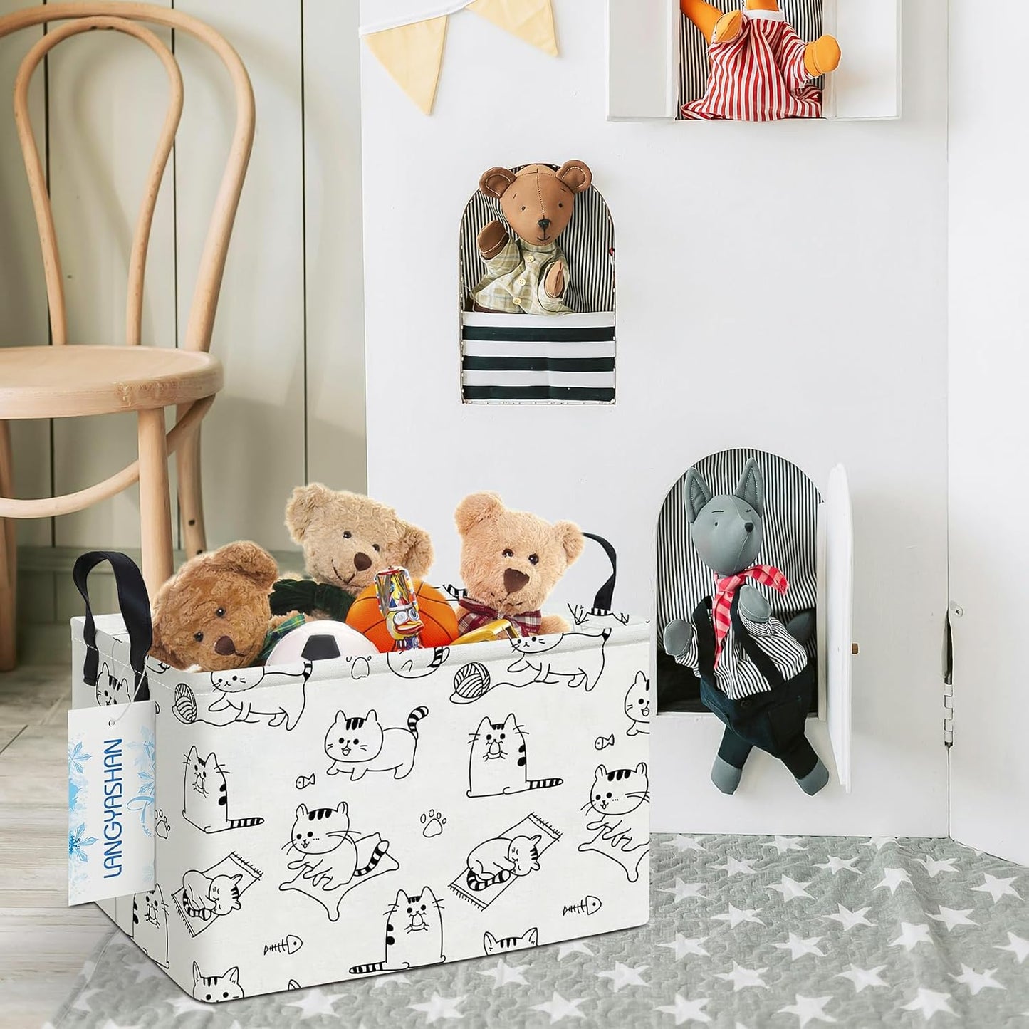 LANGYASHAN Rectangular Storage Bin Collapse Canvas Fabric Cartoon Storage Basket with Handles for Organizing Home Kitchen Boys and Girls Toys Office Closet Shelf Baskets (Rec Cat)