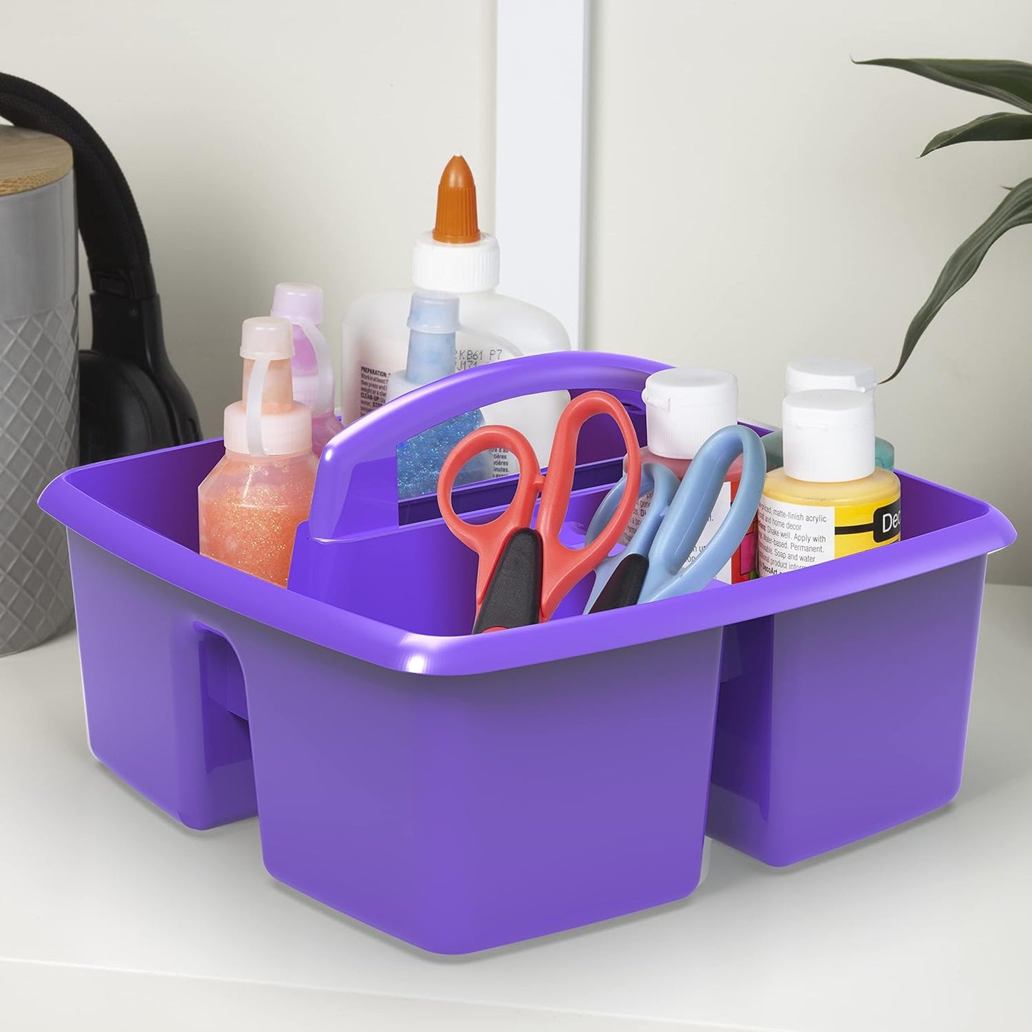 Storex 3-Compartment Small Caddy – Multipurpose Classroom Organizer with Handle, Purple, 5-Pack (00944U06C)