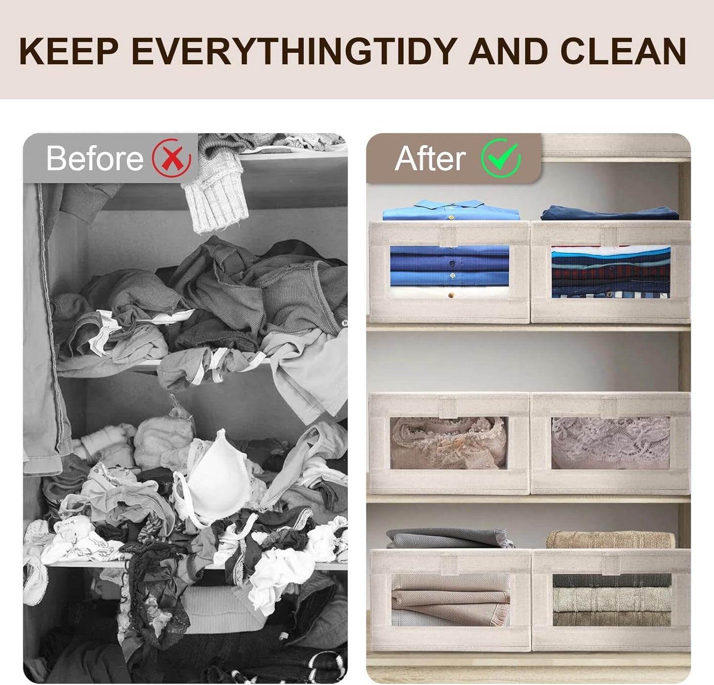 12 Pack Linen Organizers and Storage, Closet Storage Bins Linen Closet Baskets for Organization Foldable Organizer Bins with Clear Window for Organizing Clothing, Beige