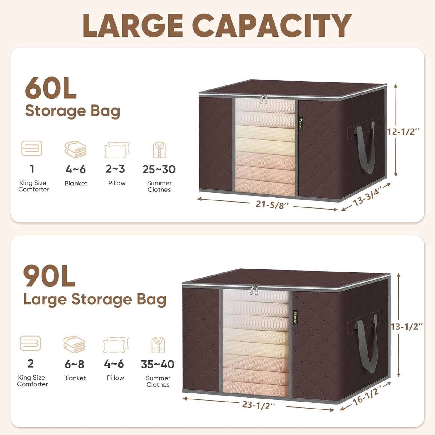 BALEINE 8 Pack Clothes Storage Bags, 16 Gallon Storage Containers with Reinforced Handle, Sturdy Zipper, Closet Organizer for Blanket, Comforter, Pillow, Bedding (Brown, 8 Pack)