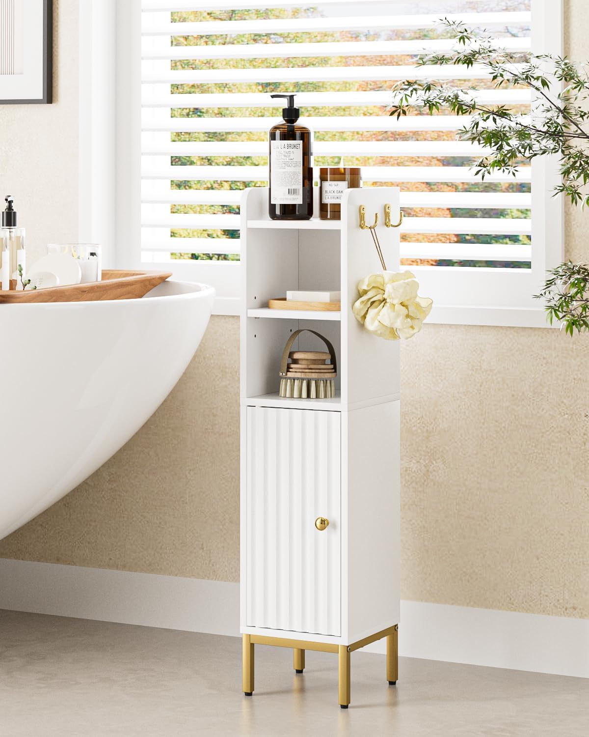 Bathroom Storage Cabinet, Small Corner Floor Hutch with Door and Shelves, Narrow Toilet Paper Cabinet, Bathroom Organizer with 2-Tier Adjustable Shelf for Small Spaces,White