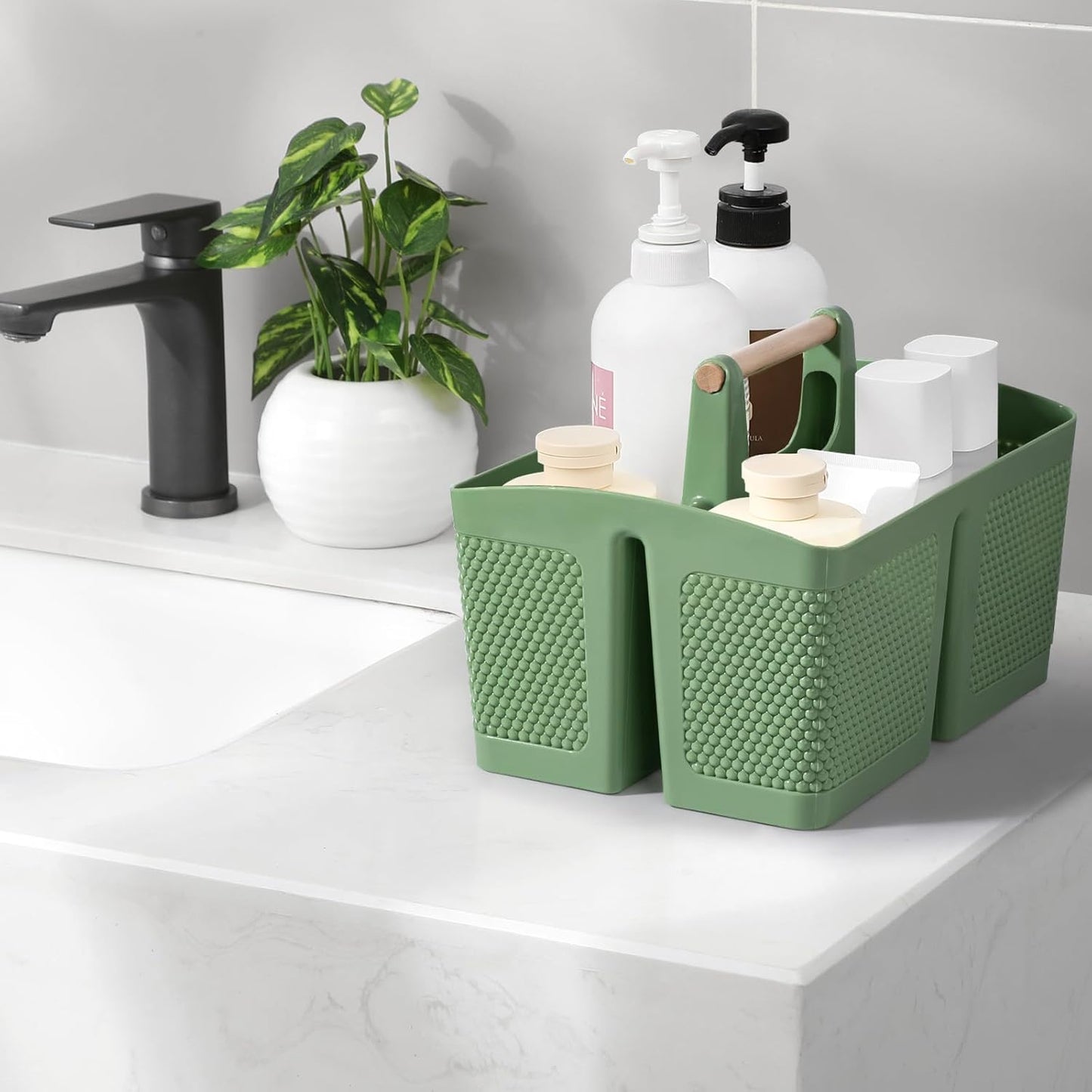 rejomiik Portable Shower Caddy Basket Plastic Cleaning Caddy Organizer Storage Tote with Handle for Bathroom, College, Dorm Room Essentials, Green