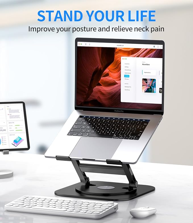 Adjustable Laptop Stand with 360 Rotating Base, Stable Computer Stand for Laptop Ergonimic Foldable Laptop Riser for Desk Compatible with MacBook Pro/Air Notebook up to 16 Inches, Black