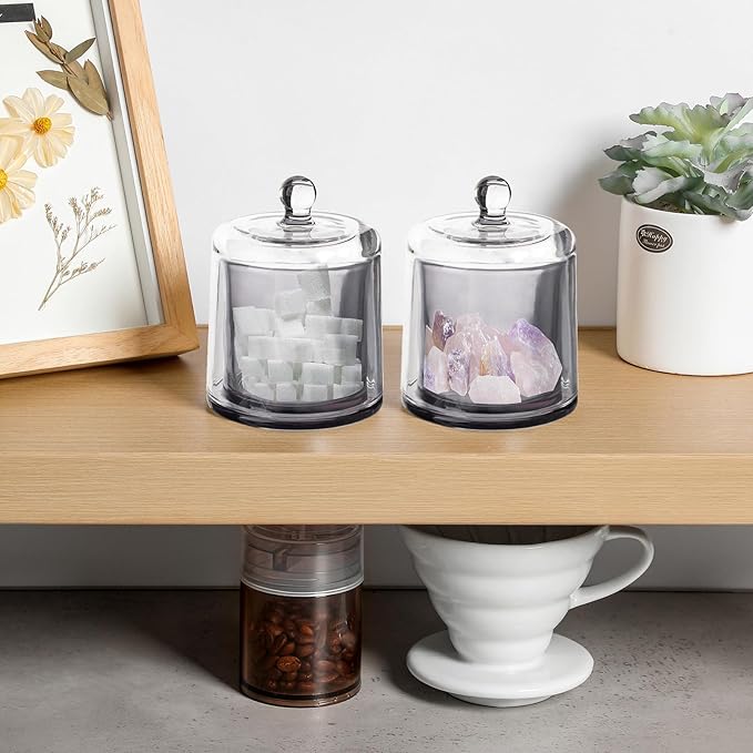 rejomiik 2 Pack Qtip Holder Thick Glass Apothecary Jars with Lid for Bathroom Accessories Vanity Organizers and Makeup Storage for Cotton Ball, Swabs, Makeup Sponges, Candy, Jewelry, Grey