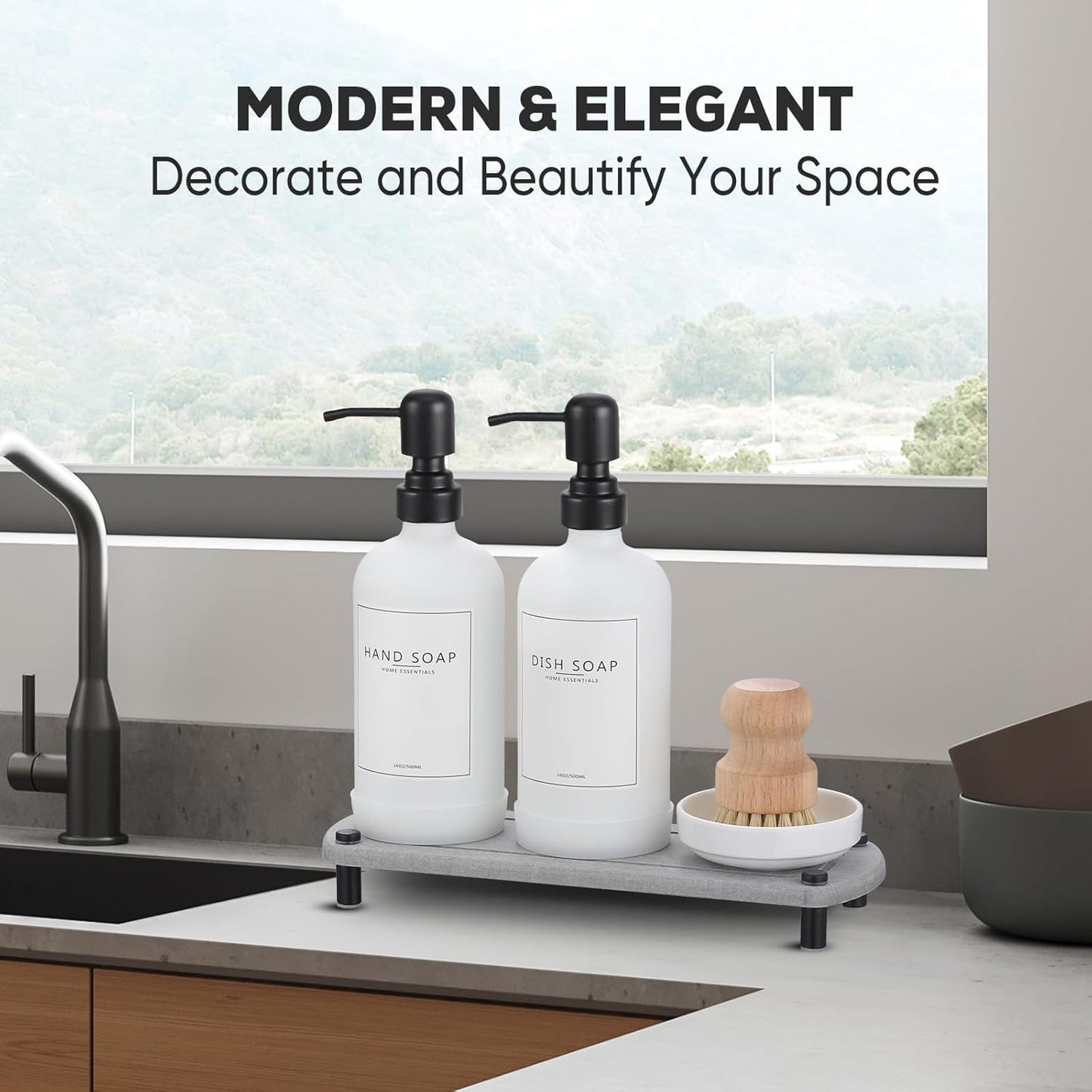 Kitchen Soap Dispenser Set with Instant Dry Tray,16 Oz Hand and Dish Soap White Glass Dispenser Set,Stainless Steel Pump,Waterproof Labels,Dish Brush,Luxury Soap Bottle for Kitchen,Bathroom