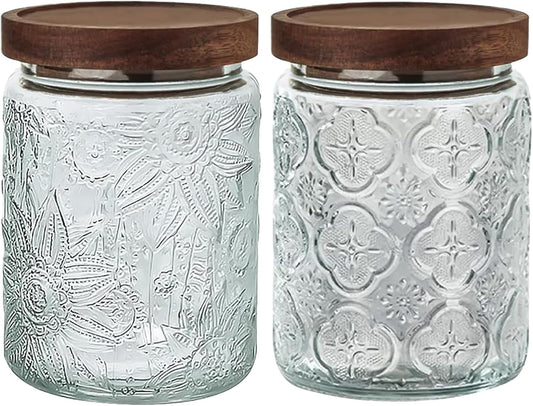24 OZ Airtight Glass Storage Jar with Bamboo Lid - Vintage Glass Jar Vintage Food Containers Canisters Set for Kitchen Counter & Pantry - Ideal for Sugar, Flour, Coffee, Tea, Candy, Oats -2 Pack