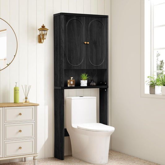 Fluted Over The Toilet Storage Cabinet, Bathroom Toilet Storage Cabinet with Door, Wood Curved Over The Toilet Space Saver Cabinets for Restroom Bathroom, Black