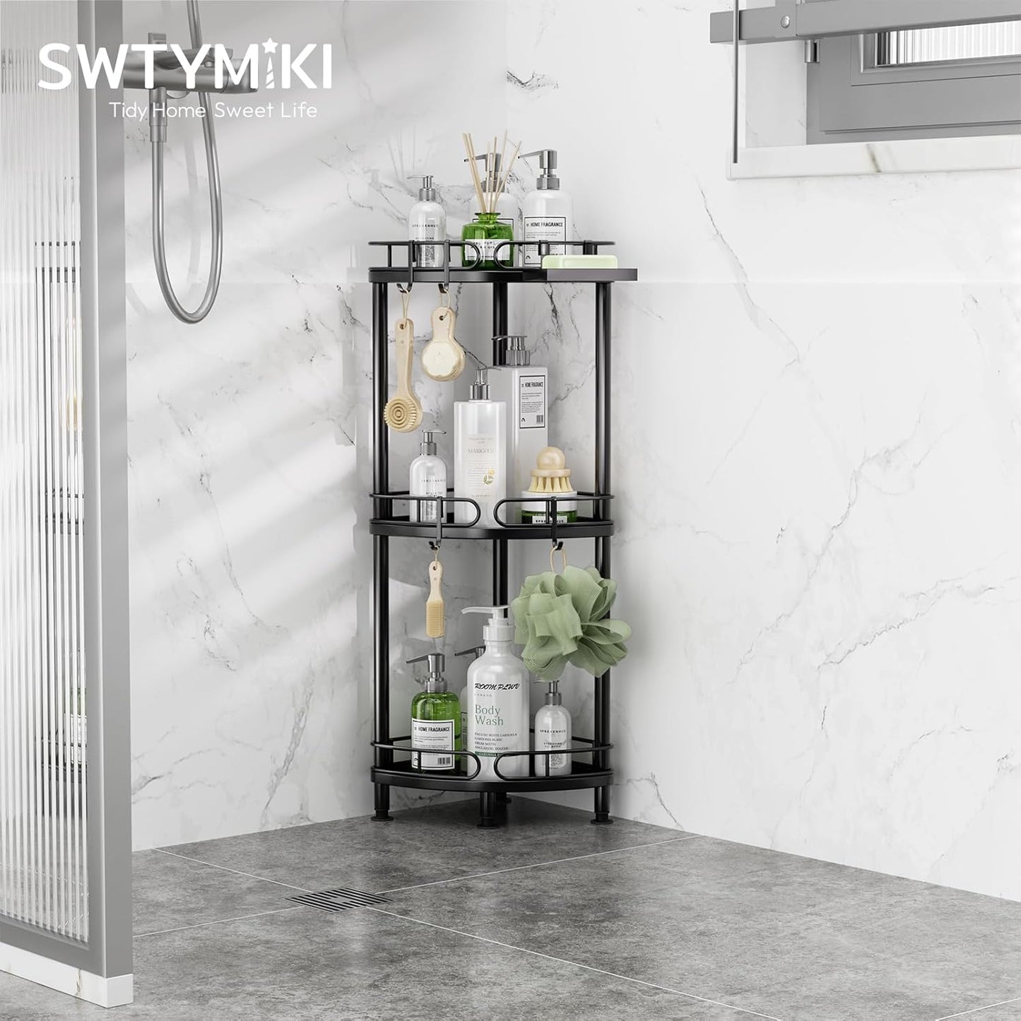 SWTYMIKI Corner Shower Caddy Standing - 3 Tier Rustproof Metal Shower Organizer Stand with Soap Holder and 4 Hooks, Freestanding Floor Shower Storage Stands for Bathroom, Black
